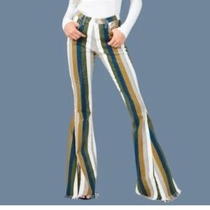 Hope Horizon Flair Bell Jeans Womens Sz Medium Stripes Retro 70s Frayed Hem